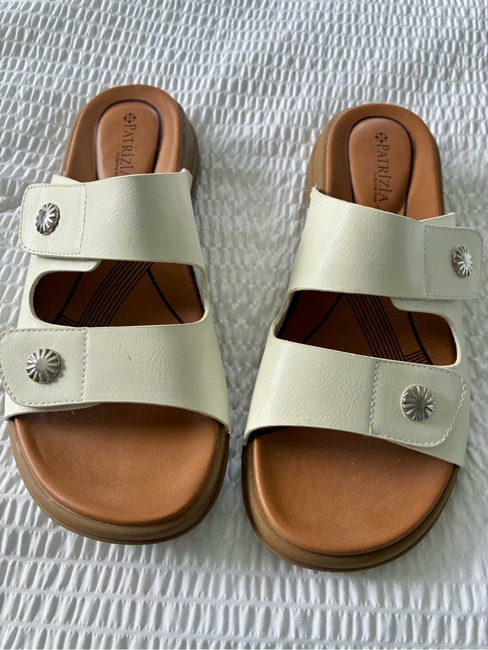 Cream Leather Slide Sandals - Women's Comfortable Double Strap